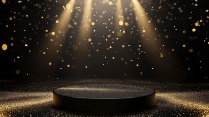 Wall Mural - black podium with golden glitter and spotlight on dark background.