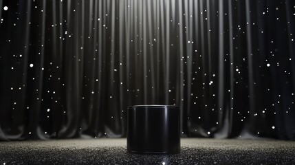 Wall Mural - black cylindrical pedestal on sparkly surface with dark curtains and spotlight.