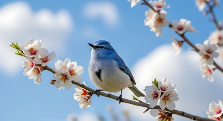 Naklejka na meble Blue bird perched on flowering almond branch against blue sky background