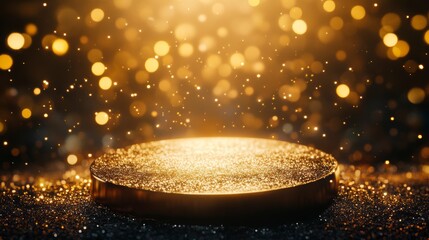 Wall Mural - glittering golden platform with bokeh lights, ideal for product display or celebratory background.