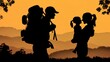 © KE - Silhouette of a family with an adult carrying a large backpack, walking together during a scenic sunset,