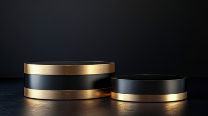 Wall Mural - two black and gold cylindrical podiums on dark background.
