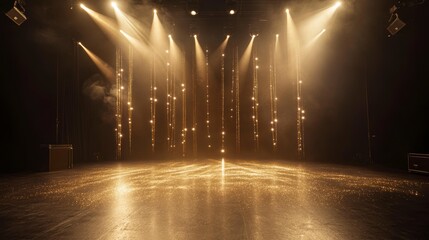 Wall Mural - empty stage with golden lights and spotlights, creating a dramatic atmosphere.