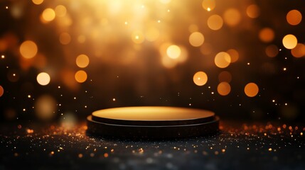Poster - dark gold glitter background with round platform; bokeh lights; spotlight.