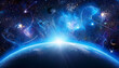 © Keira - planet emitting a bright blue light surrounded by cosmic elements illustrating celestial wonders