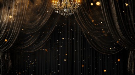 Wall Mural - elegant dark curtains with glittering lights and a crystal chandelier.