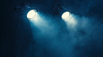 Wall Mural - two bright stage spotlights shining through blue smoke in dark room.