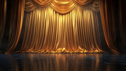 Wall Mural - luxurious gold stage curtains with spotlight on dark floor.