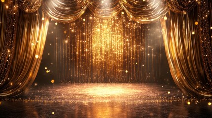 Wall Mural - golden stage curtain with sparkling lights, ready for a performance or awards ceremony.
