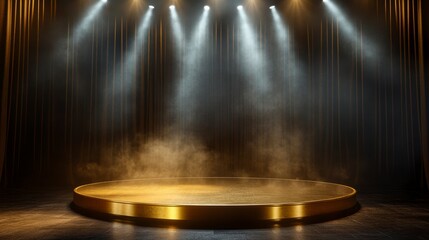 Wall Mural - dramatic stage with golden platform, spotlights, and smoky atmosphere.