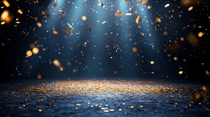 Wall Mural - golden confetti falling on dark blue background, illuminated by spotlights.
