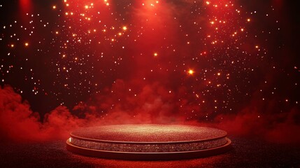 Wall Mural - red stage with spotlight, sparkles, and smoke; ideal for award ceremony, product display, or present