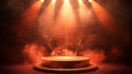Wall Mural - illuminated circular stage with spotlight, smoke, and golden sparkles.