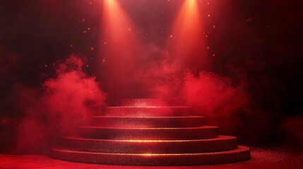 Wall Mural - red illuminated stage with smoke and spotlights.