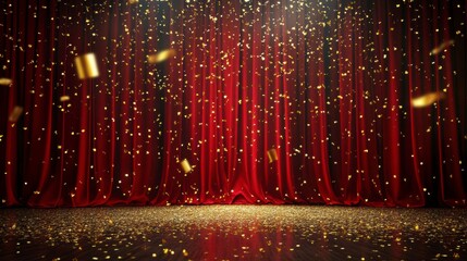 Wall Mural - red velvet stage curtain with gold confetti falling.