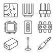 © Vectoria - Electronics Outline Icons. Outline style icons of Electronics and Metal: metal circuit board, heat sink, connector pin, microchip