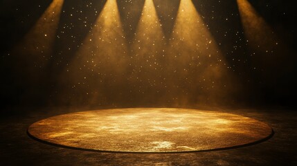 Wall Mural - illuminated circular stage with spotlight beams and dust particles.