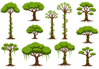set of vector illustrations shows twelve cartoon trees with green foliage and trunks