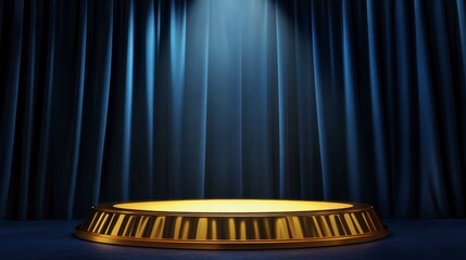 Wall Mural - illuminated golden podium on dark blue stage curtains.