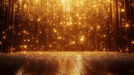 Wall Mural - golden glitter falling on dark wooden floor, bokeh lights background.
