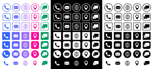 Set of contact icons. Phone, mail, location pin, support chat, and website. Set of round and square icons. Multicolored, black, and white