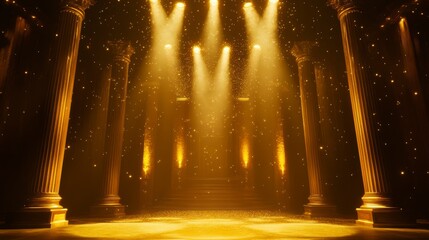 Wall Mural - golden stage with columns, spotlights, and glittering particles.