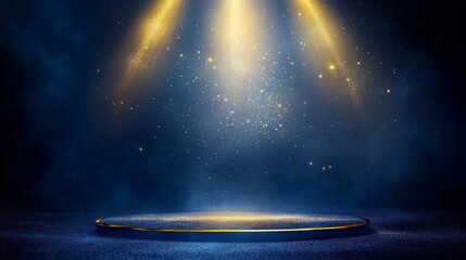 Wall Mural - illuminated circular platform with golden rim, spotlights, and blue smoky background.