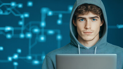 a young man in a hoodie works on a laptop against a digital background, showcasing modern technology