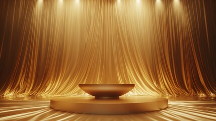 Wall Mural - golden pedestal stage with spotlight, draped curtains.