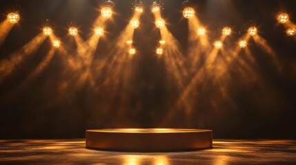 Wall Mural - illuminated stage with golden podium, spotlight beams, and smoky atmosphere.