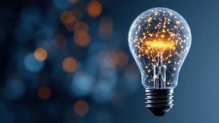 Wall Mural - glowing network filled light bulb suspended against deep blue backdrop, representing technological i