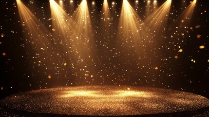 Wall Mural - spotlight stage with golden confetti and glitter.