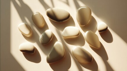 Flat lay pattern of smooth pebbles on beige background with natural lighting.