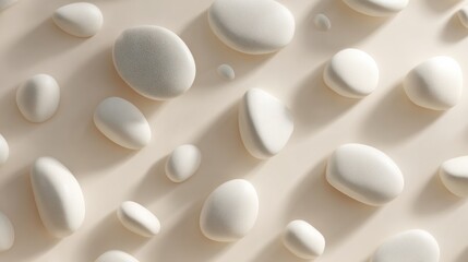 Flat lay pattern of smooth pebbles on light background with natural lighting.
