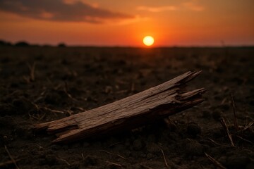 Wall Mural - A Lone Log Stands Silent as the Sun Sets Over an Endless Field