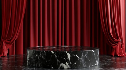 Wall Mural - black marble podium on dark floor with red curtains backdrop.