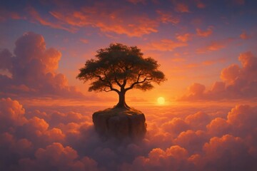 Wall Mural - a lone tree stands tall at dusk on a cloudy mountain peak