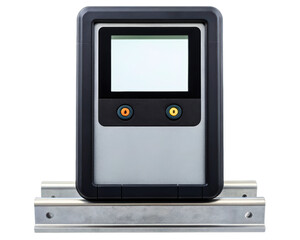 Modern digital control panel with display screen and two buttons on a transparent background