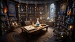 © Rita - Magical wizards study with ancient books, potion bottles, and mystical light. Fantasy interior, warm and mysterious. Generative AI.