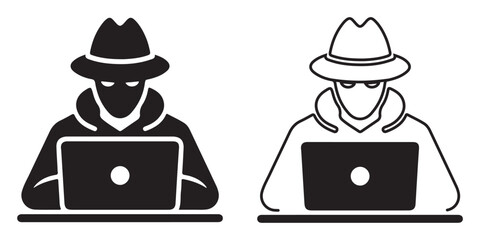 Hooded Hacker Silhouette with Laptop – Cybercrime, Hacking, and Digital Threat Vector Icon