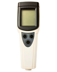 Digital handheld device with large display screen and three control buttons on a transparent background