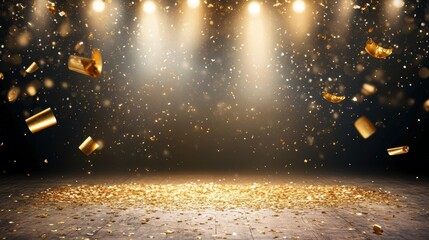 Wall Mural - golden confetti falls on stage with spotlights. (1)