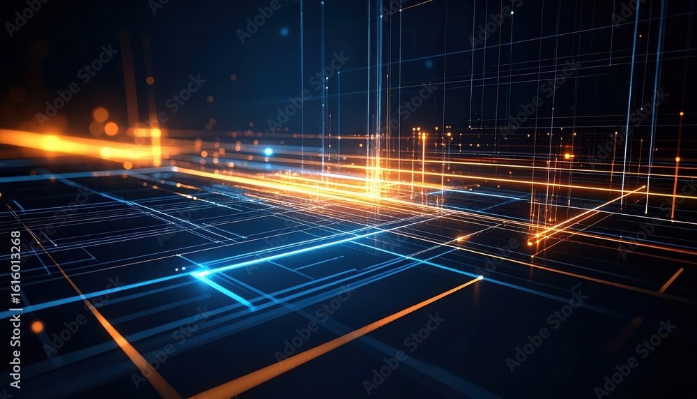 Abstract network grid with orange and blue lines displaying data ...