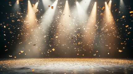 Wall Mural - stage with spotlight, falling confetti, and dark background.