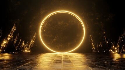 Wall Mural - Glowing golden circle in dark background with sparks.