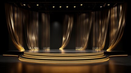 Wall Mural - elegant stage with golden curtains, spotlights, and steps.