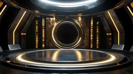 Wall Mural - futuristic circular platform in dark metallic room with gold accents and glowing lights.