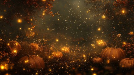 Wall Mural - a magical autumn night with fireflies and glowing pumpkins