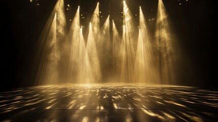 Wall Mural - golden stage spotlights illuminate a dark empty stage with hazy light beams.
