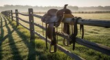 Leather saddle resting on a rustic wooden fence in a tranquil countryside setting